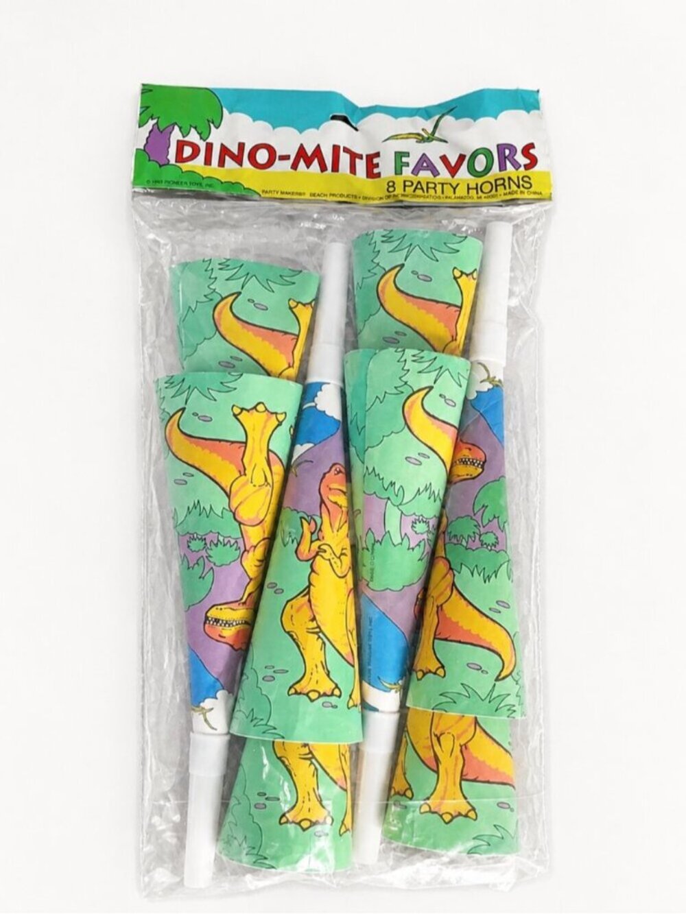 Vintage 1993 Dino-Mite Dinosaur Party Favors 8 Party Horns Birthday NOS